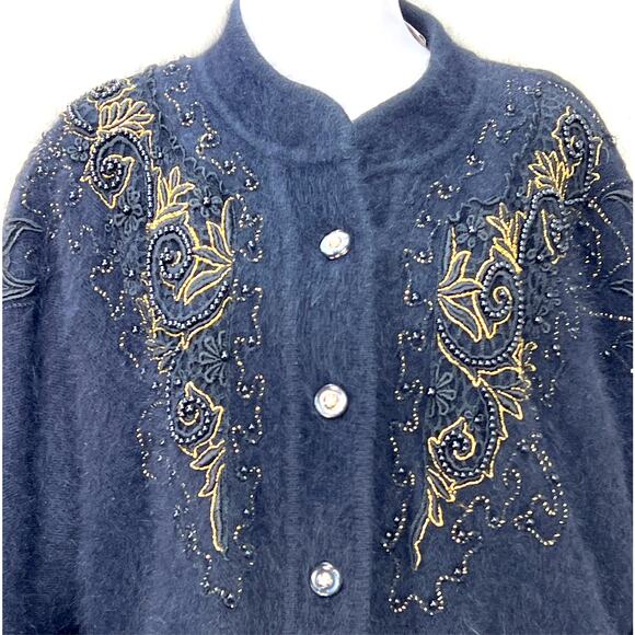 Vintage Belldini Angora Cardigan Medium Black Gold Embellished Beading Lined - Picture 13 of 13